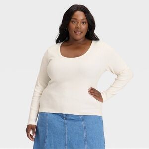 Ava & Viv Plus Size Scoop Neck Long Sleeve Soft Tee in Cream ~ Size 2X ~ NWT
